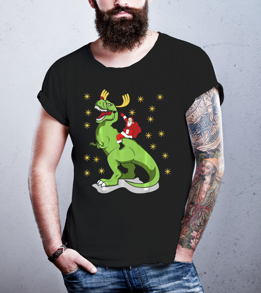 Santa Claus Riding Dinosaur With Reindeer Antlers And Stars T-Shirt