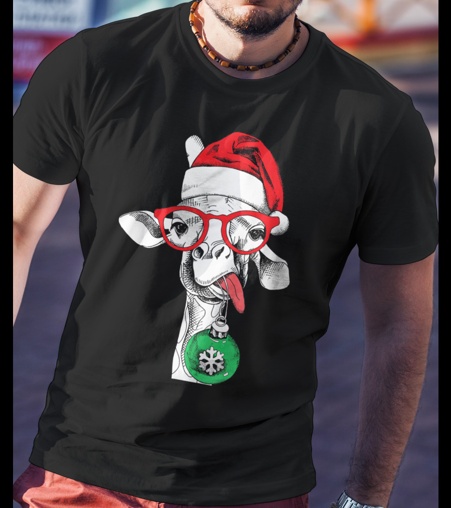 Santa Hat Giraffe Red Glasses Christmas T-Shirt