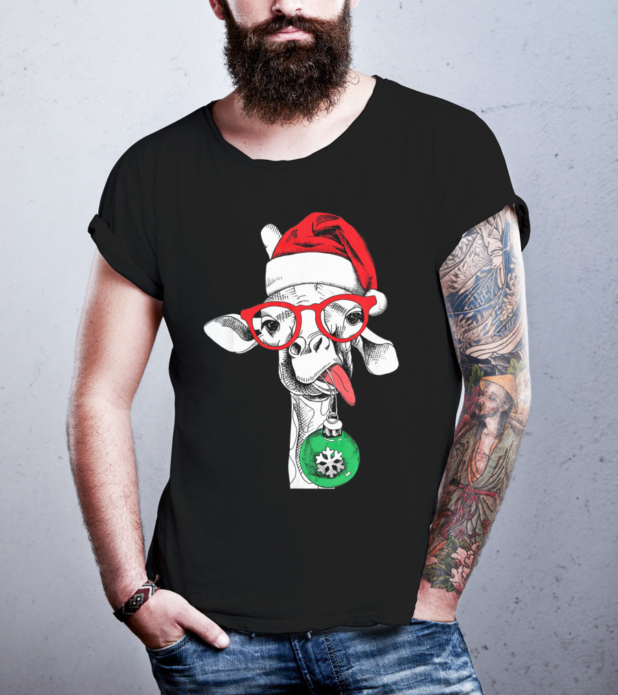 Santa Hat Giraffe Red Glasses Christmas T-Shirt