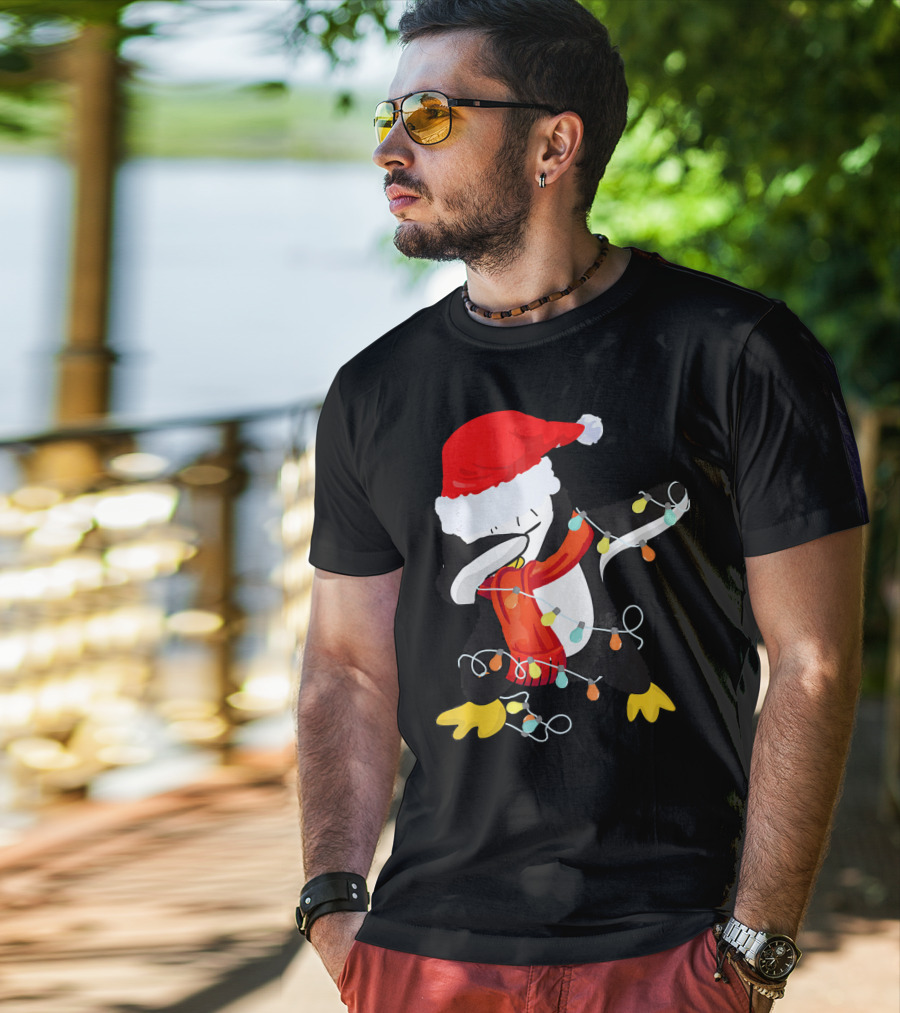 Dabbing Penguin Santa Christmas Lights T-Shirt