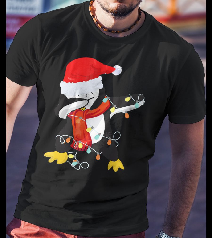 Dabbing Penguin Santa Christmas Lights T-Shirt