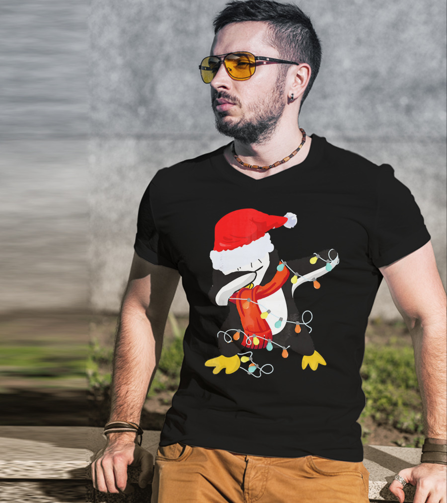 Dabbing Penguin Santa Christmas Lights T-Shirt