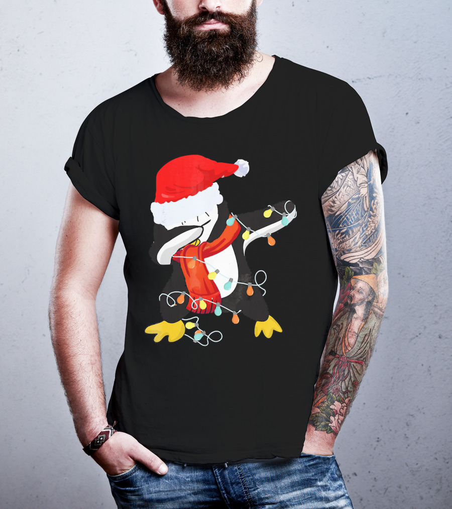 Dabbing Penguin Santa Christmas Lights T-Shirt