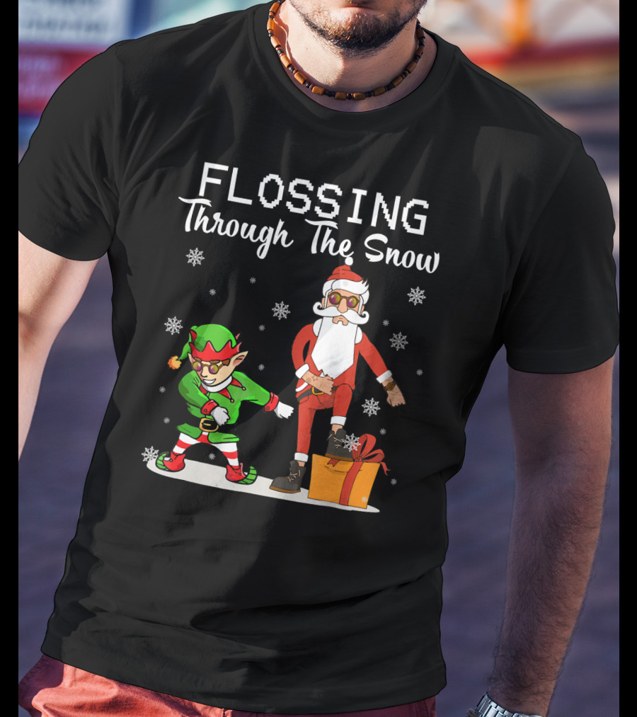 Flossing Through The Snow Santa And Elf Dancing With Gifts And Snowflakes T-Shirt