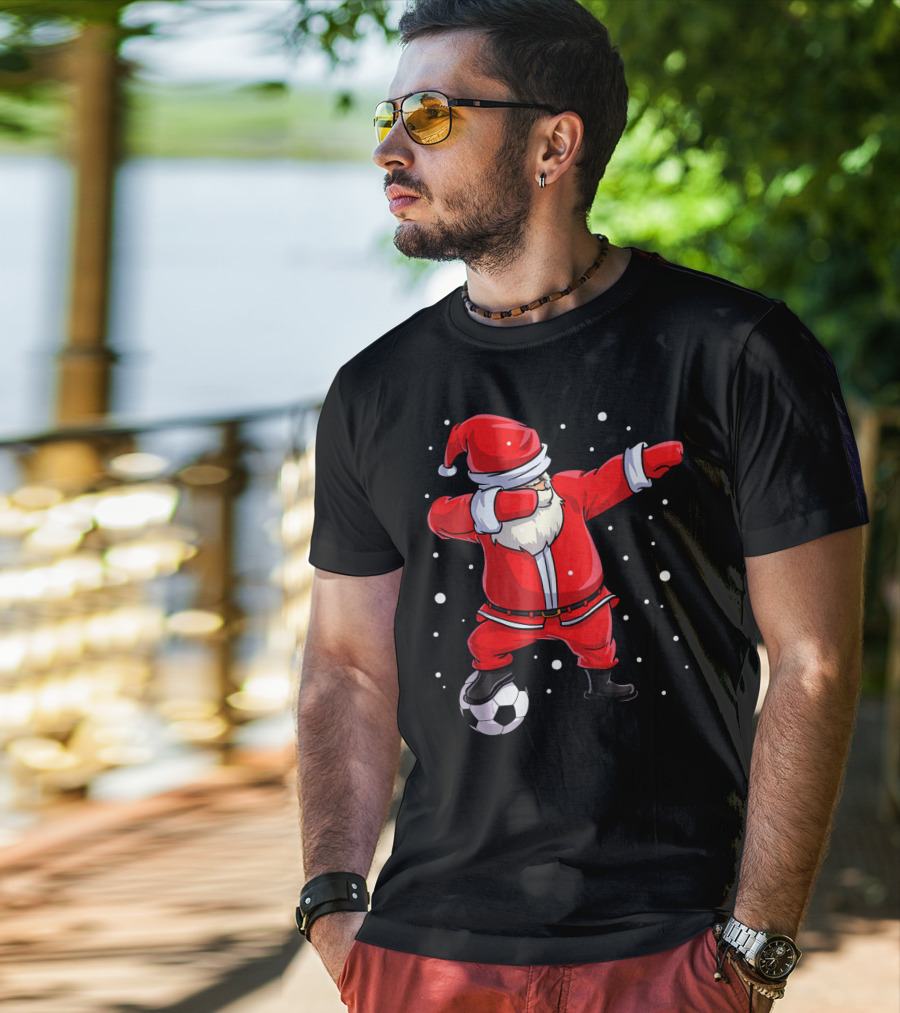 Santa Claus Dabbing On Soccer Ball Snowflakes Holiday T-Shirt