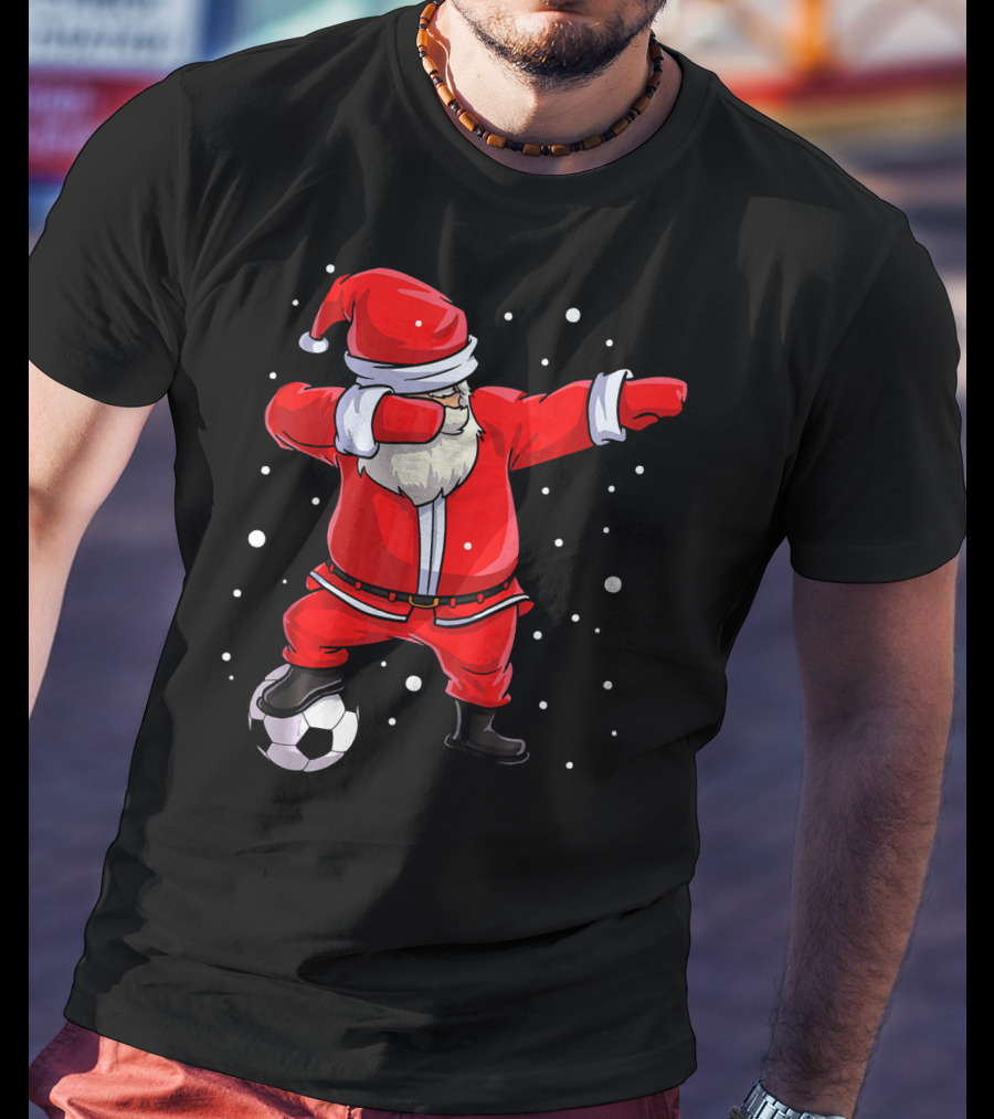 Santa Claus Dabbing On Soccer Ball Snowflakes Holiday T-Shirt