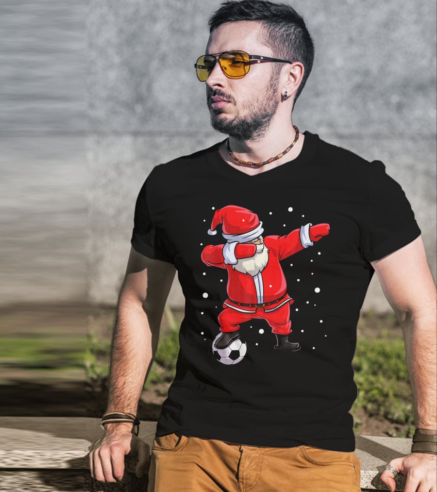 Santa Claus Dabbing On Soccer Ball Snowflakes Holiday T-Shirt