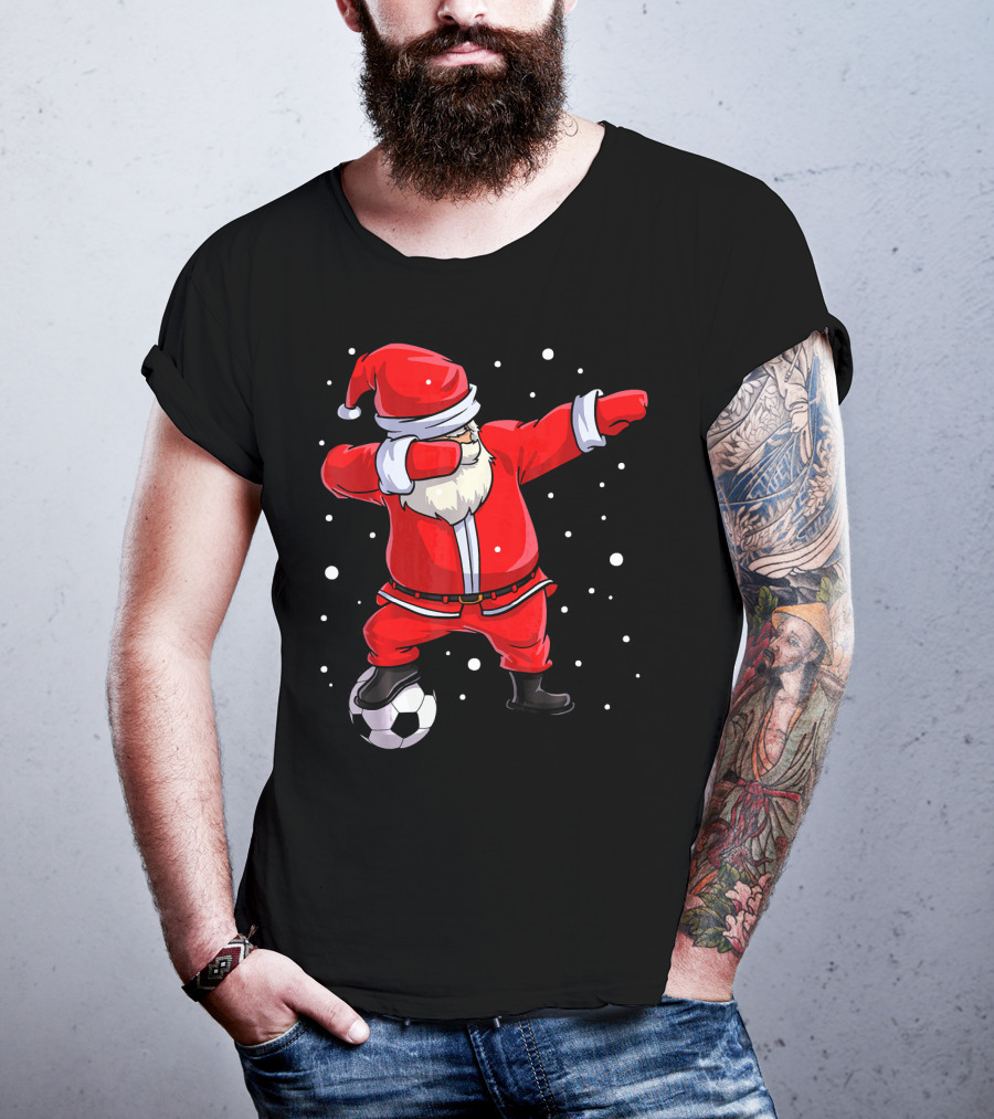 Santa Claus Dabbing On Soccer Ball Snowflakes Holiday T-Shirt
