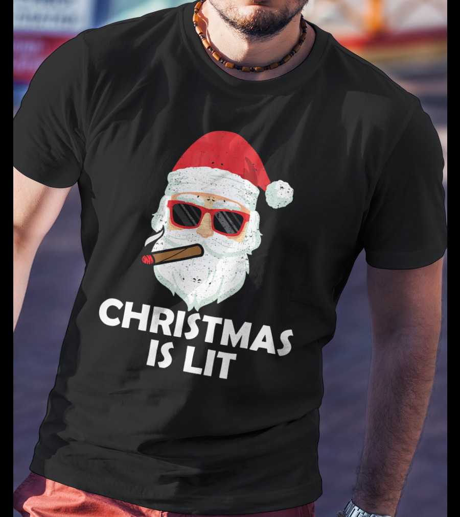 Christmas Is Lit Santa With Sunglasses And Cigar T-Shirt
