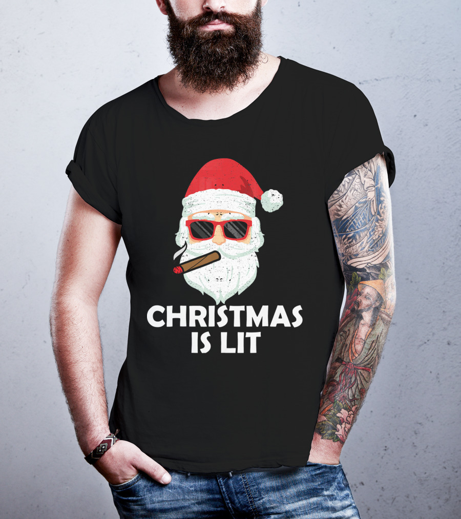 Christmas Is Lit Santa With Sunglasses And Cigar T-Shirt