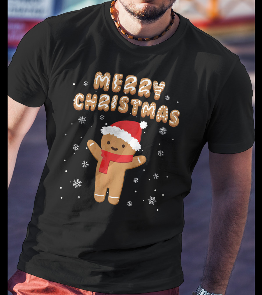 Merry Christmas Gingerbread Santa Hat Snowflakes T-Shirt