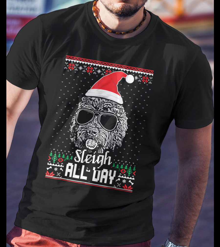 Sleigh All Day Christmas Labradoodle With Santa Hat And Sunglasses T-Shirt