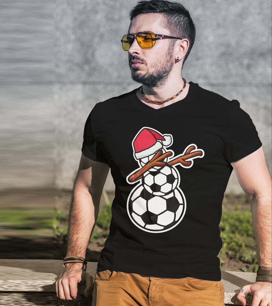 Dabbing Soccer Snowman With Santa Hat T-Shirt