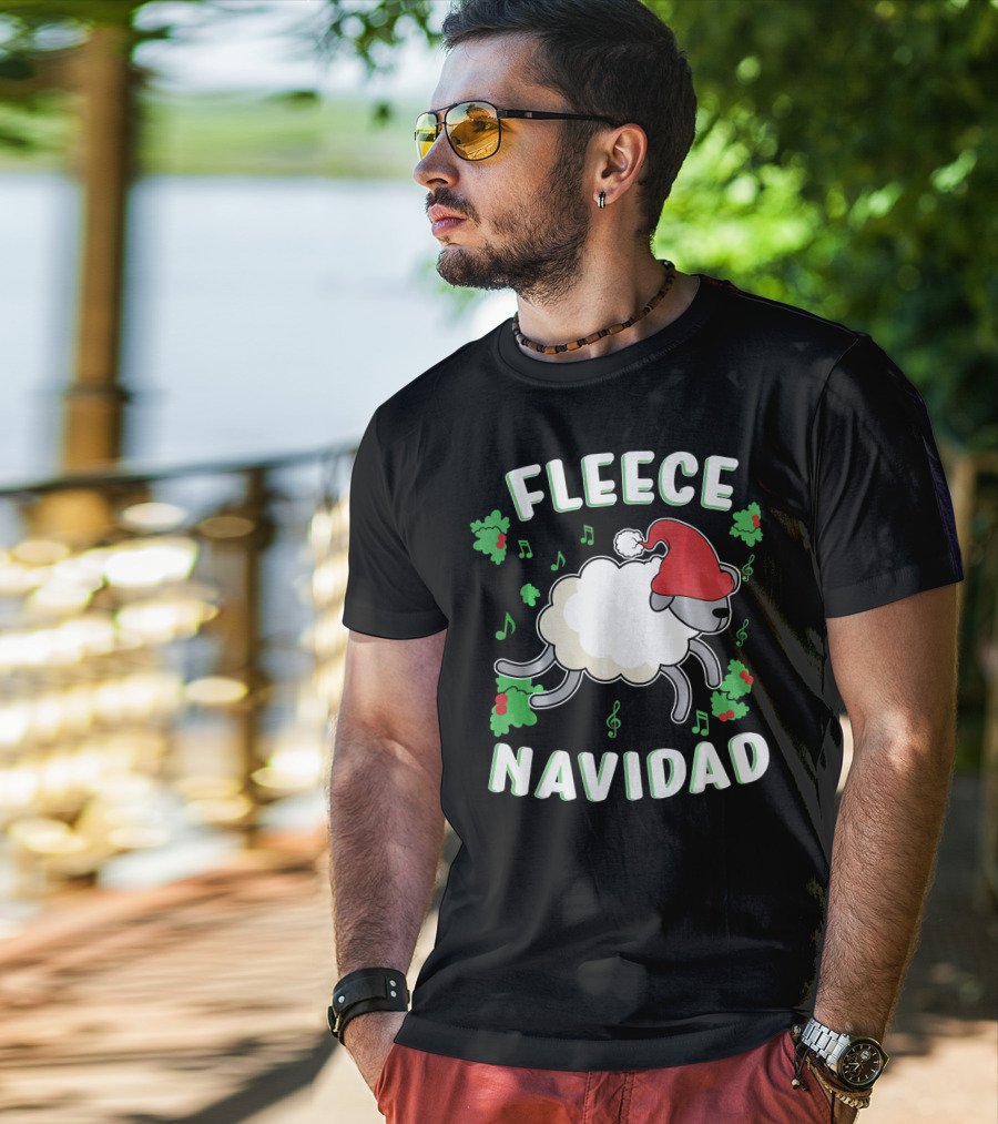 Fleece Navidad Lamb Christmas Xmas Santa Hat Music Notes Hollys T-Shirt