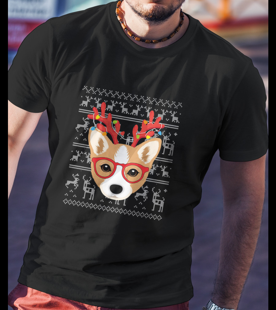 Corgi Puppy Dog With Xmas Antlers And Glasses Holiday T-Shirt