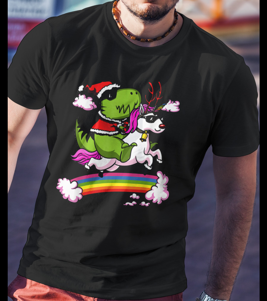T Rex Dinosaur Santa Riding Unicorn Rainbow Cloud Adventure T-Shirt