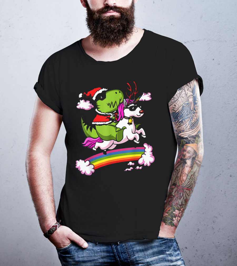 T Rex Dinosaur Santa Riding Unicorn Rainbow Cloud Adventure T-Shirt