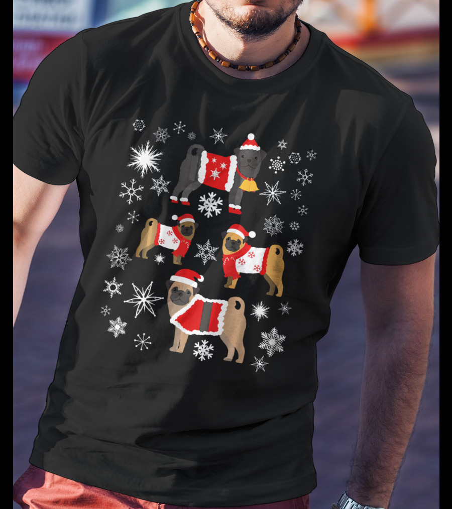 Pug Christmas Snowflakes Sweaters Santa Hats Holiday T-Shirt
