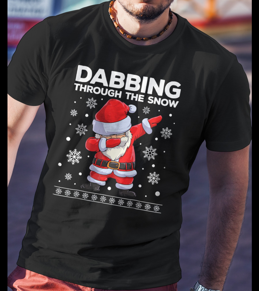 Boys Christmas Dabbing Santa Through The Snow With Snowflakes T-Shirt