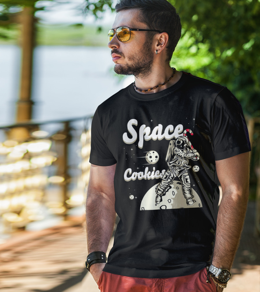 Space Cookies Xmas Weed Astronaut With Candy Cane On Moon T-Shirt