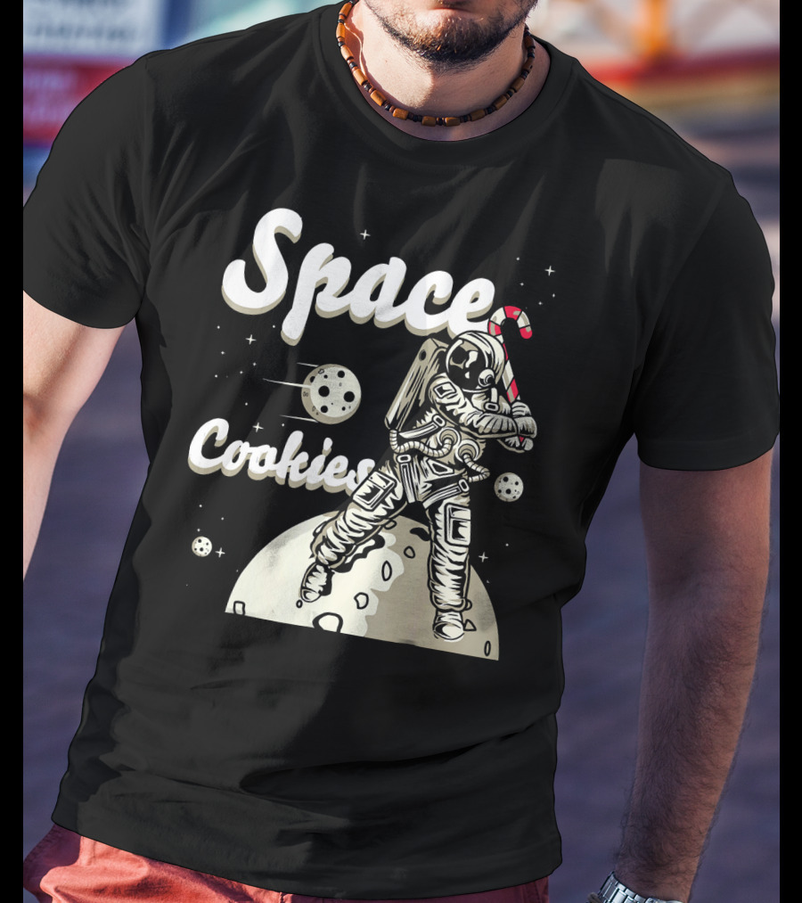 Space Cookies Xmas Weed Astronaut With Candy Cane On Moon T-Shirt