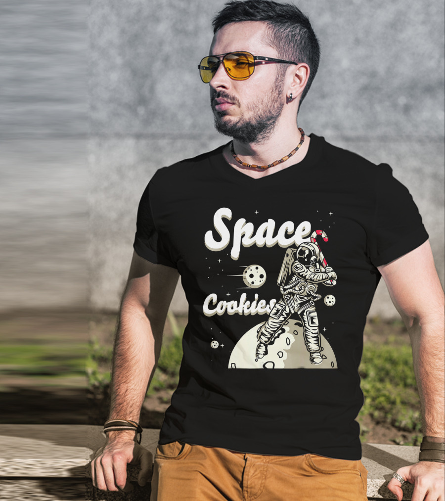 Space Cookies Xmas Weed Astronaut With Candy Cane On Moon T-Shirt