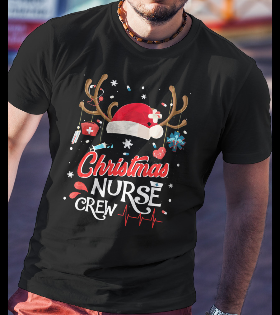 Christmas Nurse Crew Antlers Santa Hat Medical Elements T-Shirt