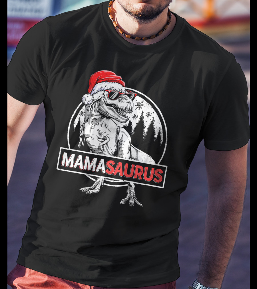 Mamasaurus Dinosaur Christmas Santa Hat Sunglasses T-Shirt