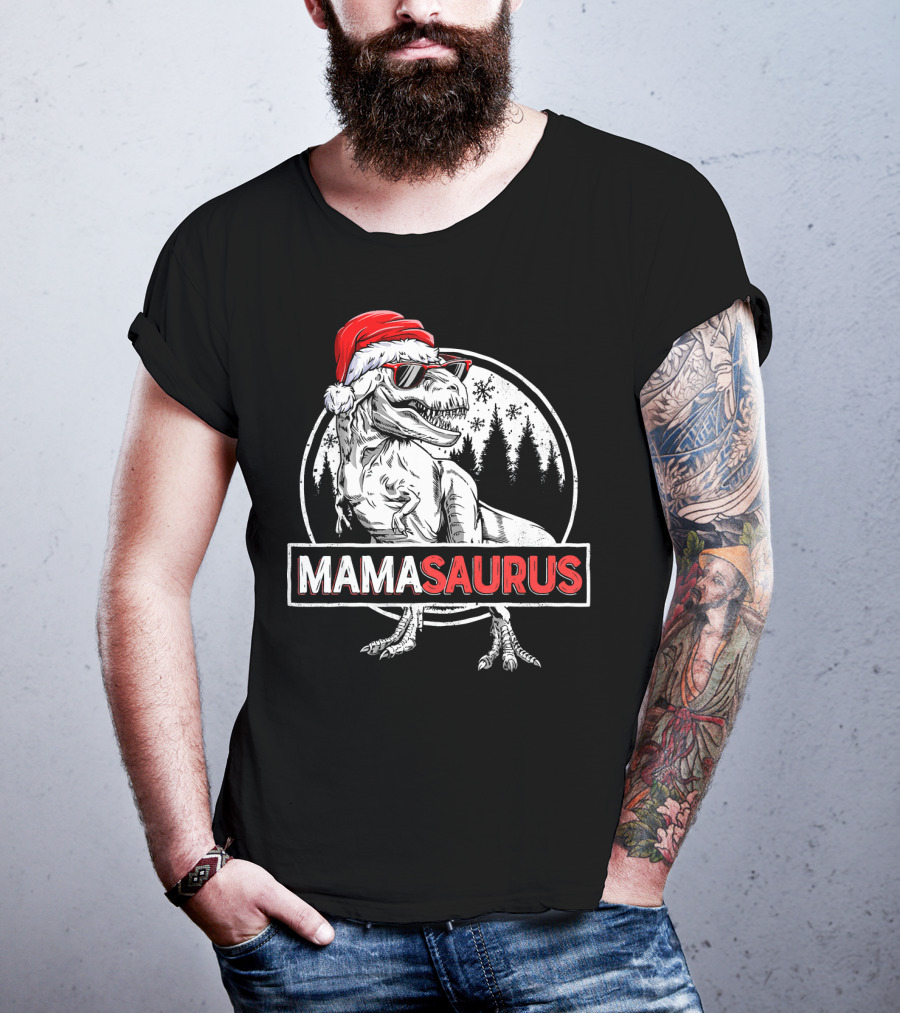 Mamasaurus Dinosaur Christmas Santa Hat Sunglasses T-Shirt
