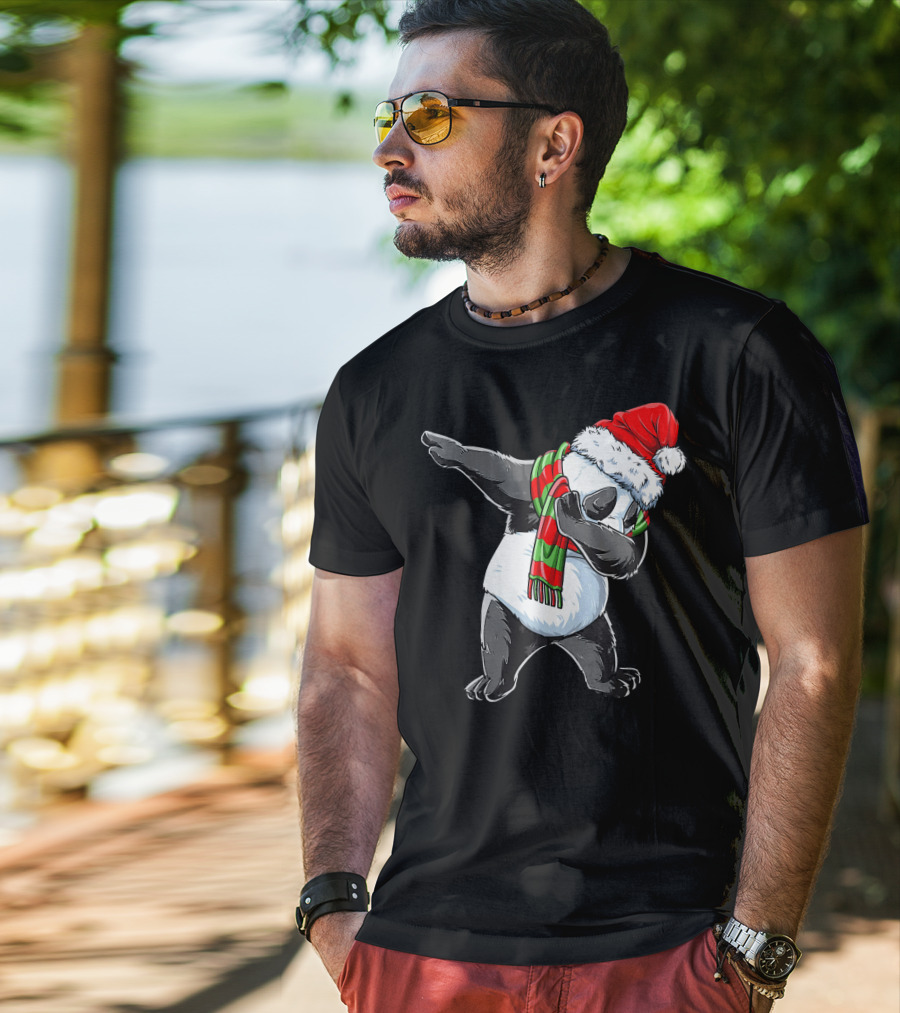 Panda Dabbing Santa Hat Red Green Scarf T-Shirt