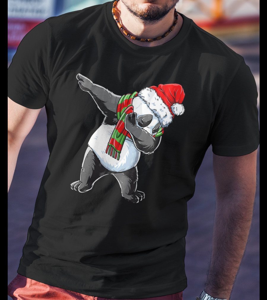 Panda Dabbing Santa Hat Red Green Scarf T-Shirt