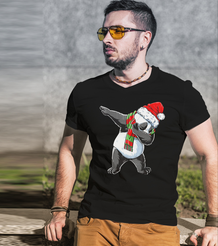 Panda Dabbing Santa Hat Red Green Scarf T-Shirt