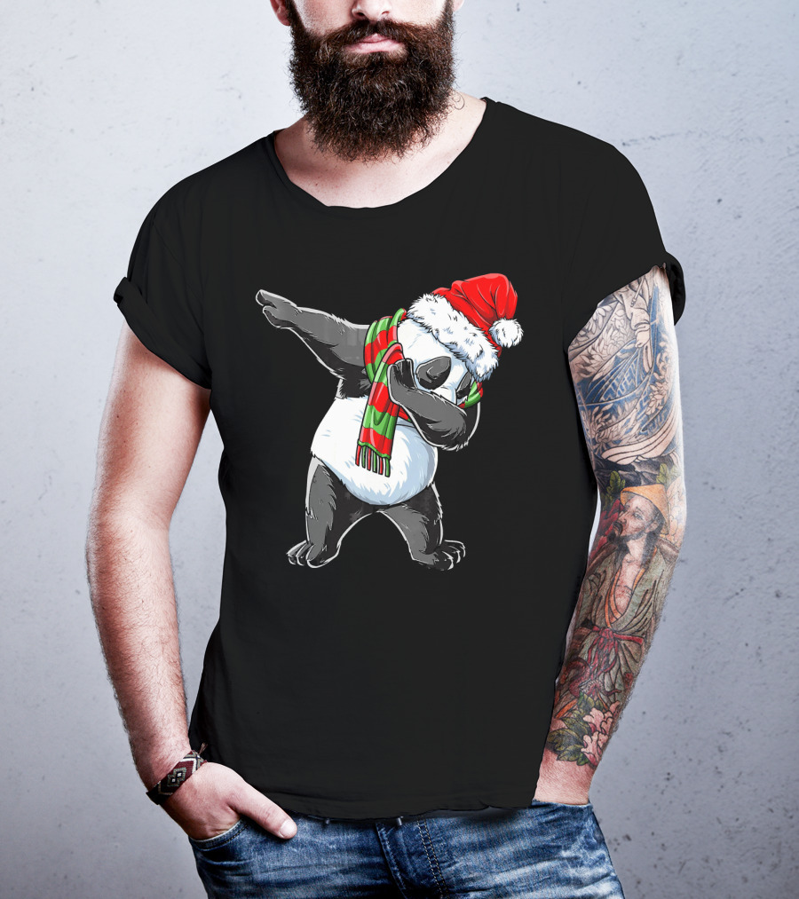 Panda Dabbing Santa Hat Red Green Scarf T-Shirt