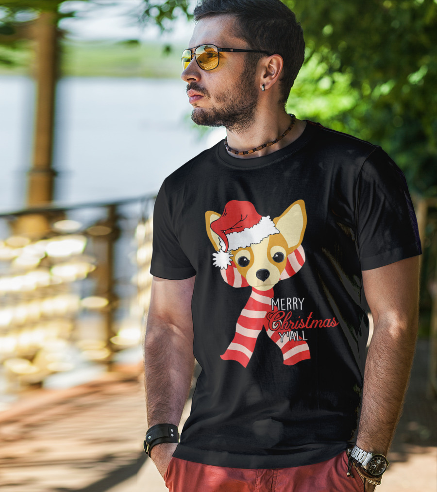 Merry Christmas Y'all Chihuahua Dog With Santa Hat And Scarf T-Shirt