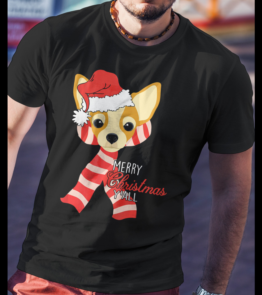 Merry Christmas Y'all Chihuahua Dog With Santa Hat And Scarf T-Shirt