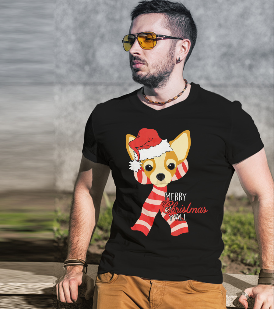 Merry Christmas Y'all Chihuahua Dog With Santa Hat And Scarf T-Shirt