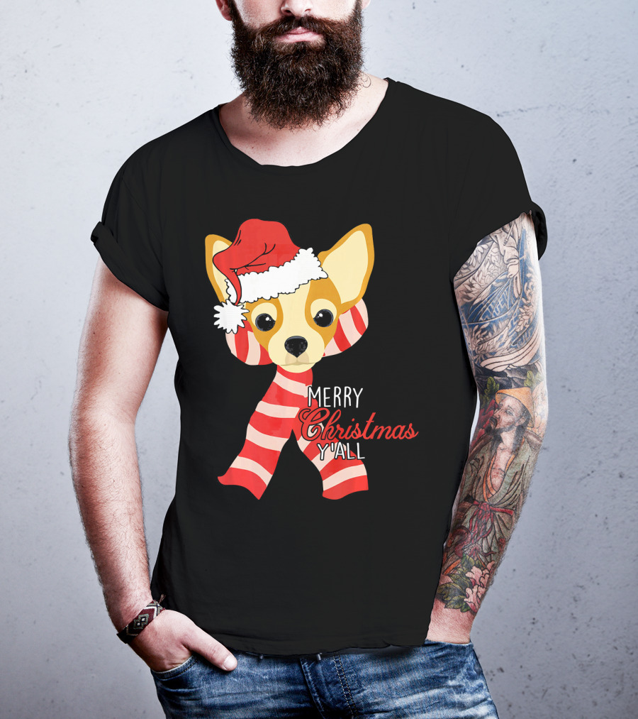 Merry Christmas Y'all Chihuahua Dog With Santa Hat And Scarf T-Shirt