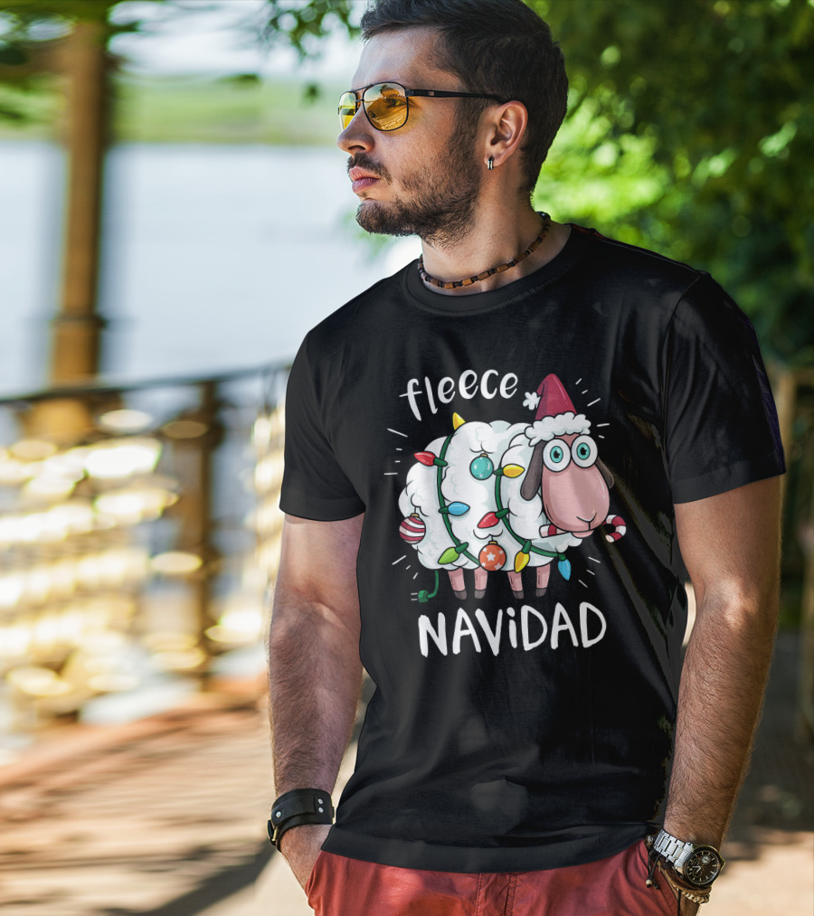 Fleece Navidad Funny Cute Sheep With Christmas Lights And Santa Hat T-Shirt