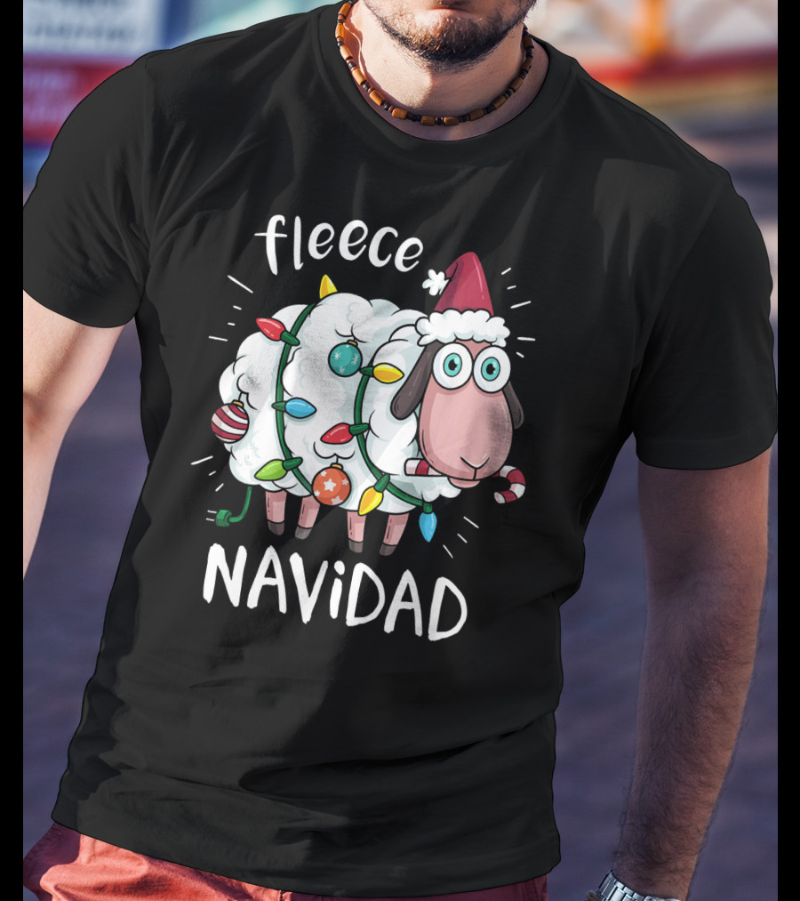 Fleece Navidad Funny Cute Sheep With Christmas Lights And Santa Hat T-Shirt