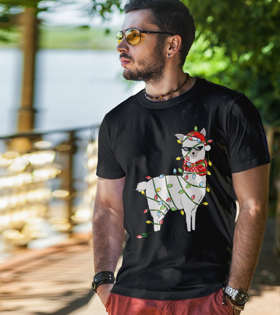 Llama Wrapped In Christmas Lights Wearing Santa Hat And Scarf T-Shirt