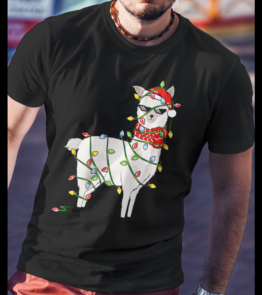 Llama Wrapped In Christmas Lights Wearing Santa Hat And Scarf T-Shirt