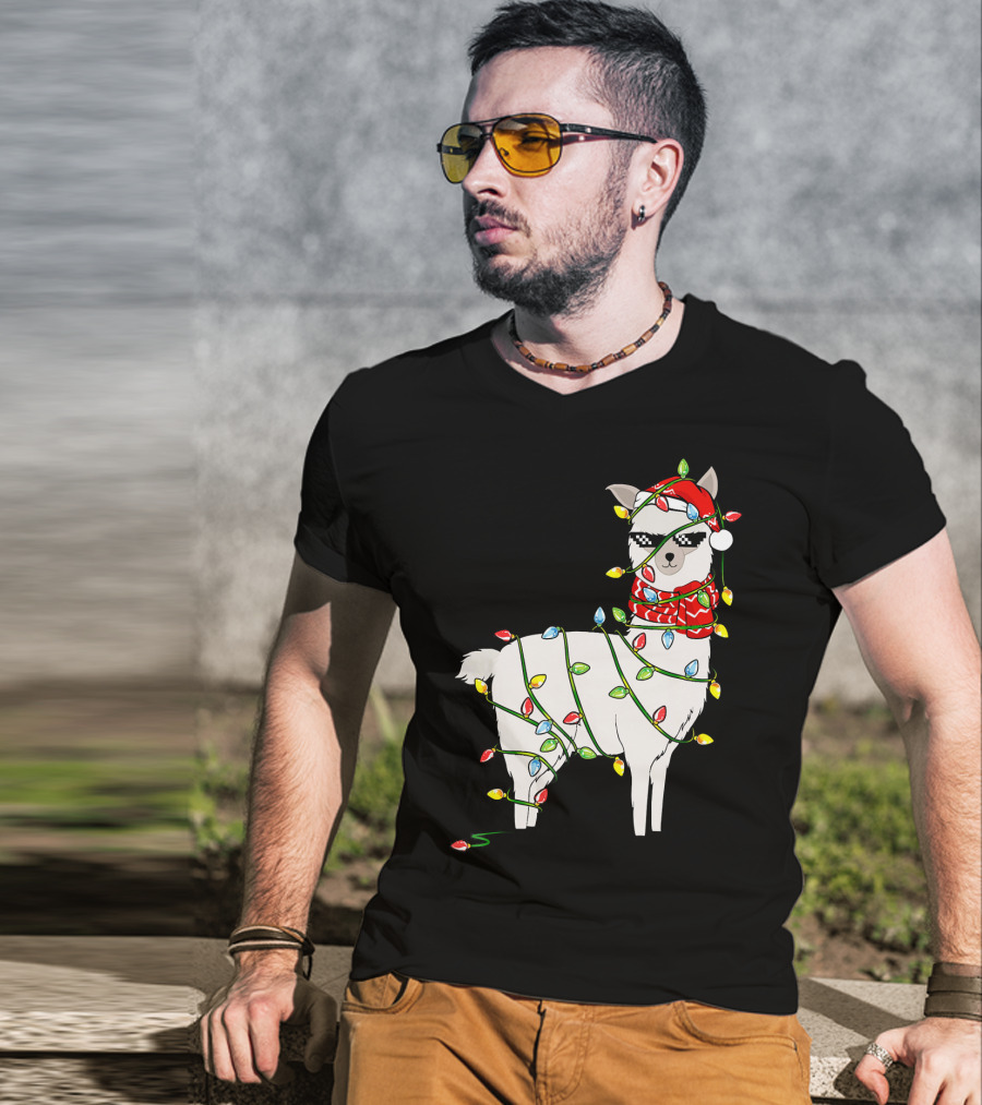 Llama Wrapped In Christmas Lights Wearing Santa Hat And Scarf T-Shirt