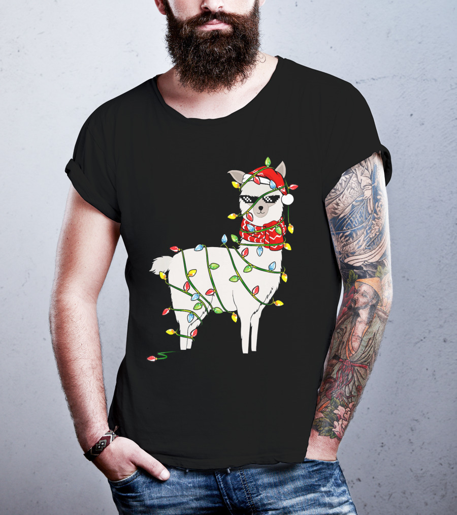 Llama Wrapped In Christmas Lights Wearing Santa Hat And Scarf T-Shirt