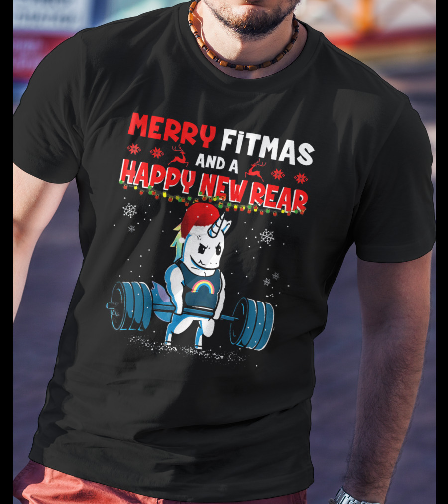 Merry Fitmas And A Happy New Rear Unicorn Weightlifting Santa Hat Snowflakes T-Shirt