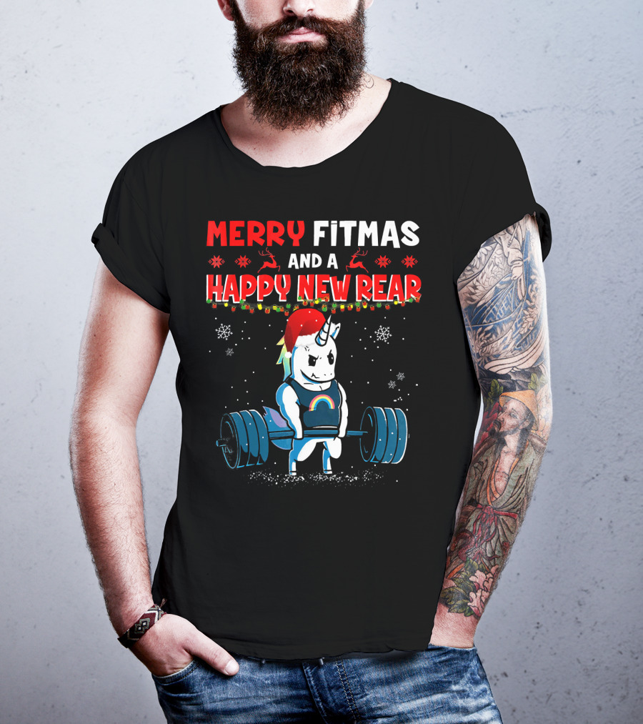 Merry Fitmas And A Happy New Rear Unicorn Weightlifting Santa Hat Snowflakes T-Shirt