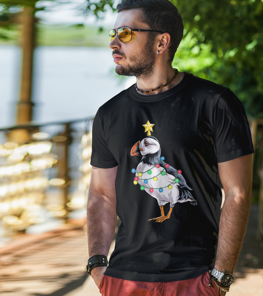 Puffin Bird Wrapped In Christmas Lights With Star T-Shirt