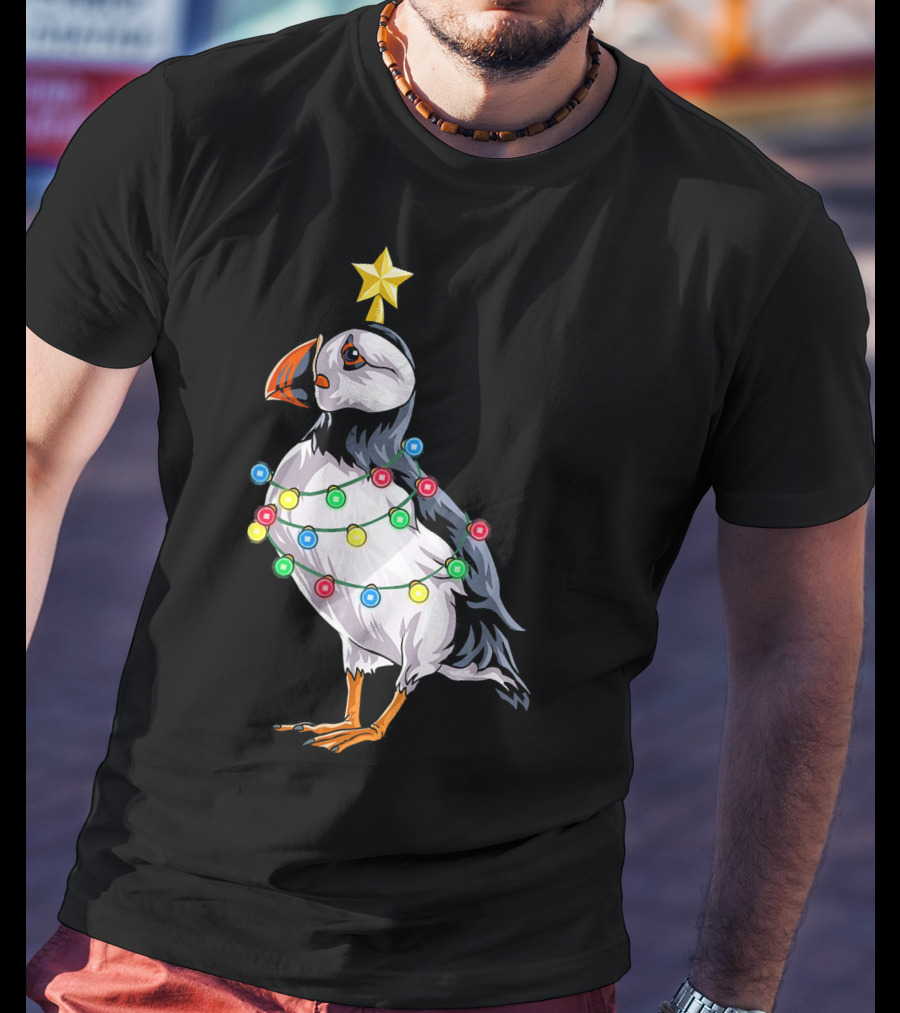 Puffin Bird Wrapped In Christmas Lights With Star T-Shirt