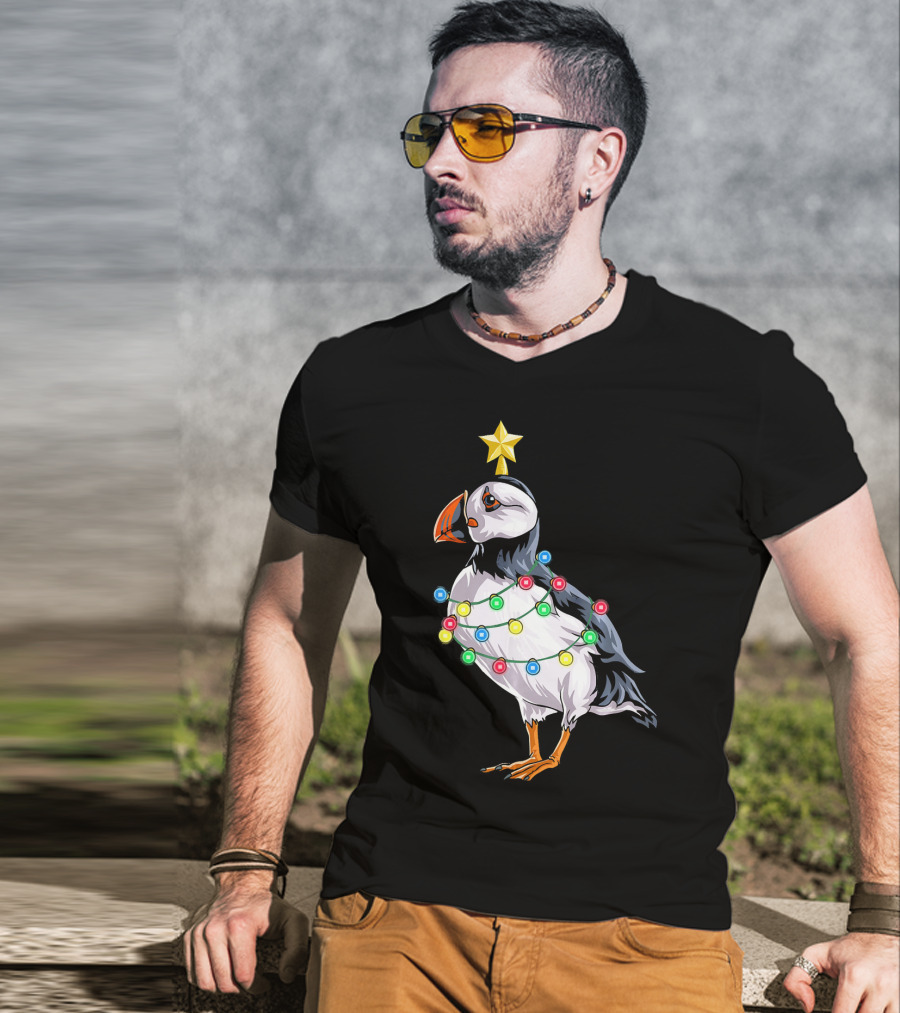Puffin Bird Wrapped In Christmas Lights With Star T-Shirt