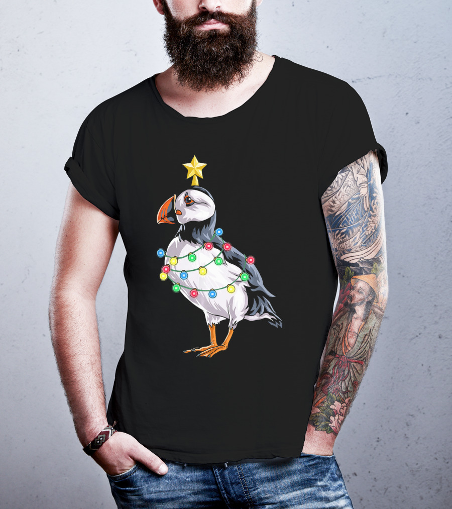 Puffin Bird Wrapped In Christmas Lights With Star T-Shirt