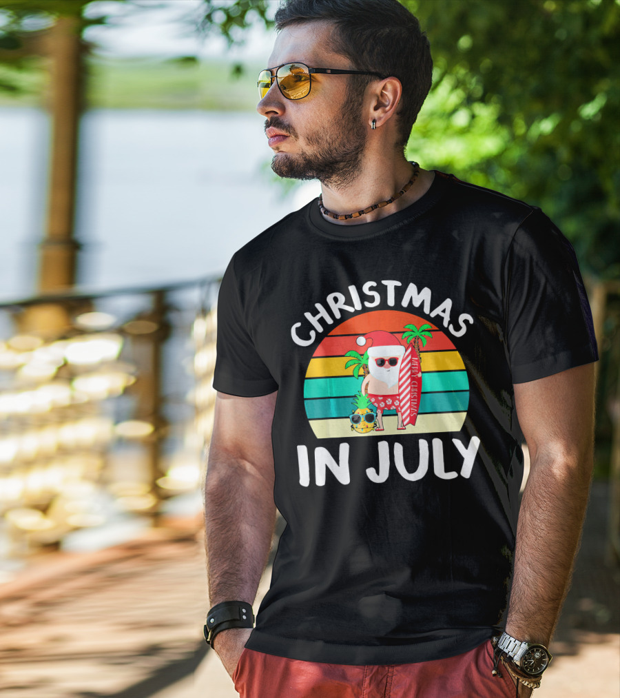 Christmas In July Vintage Santa Tropical Surfboard Merry Christmas T-Shirt